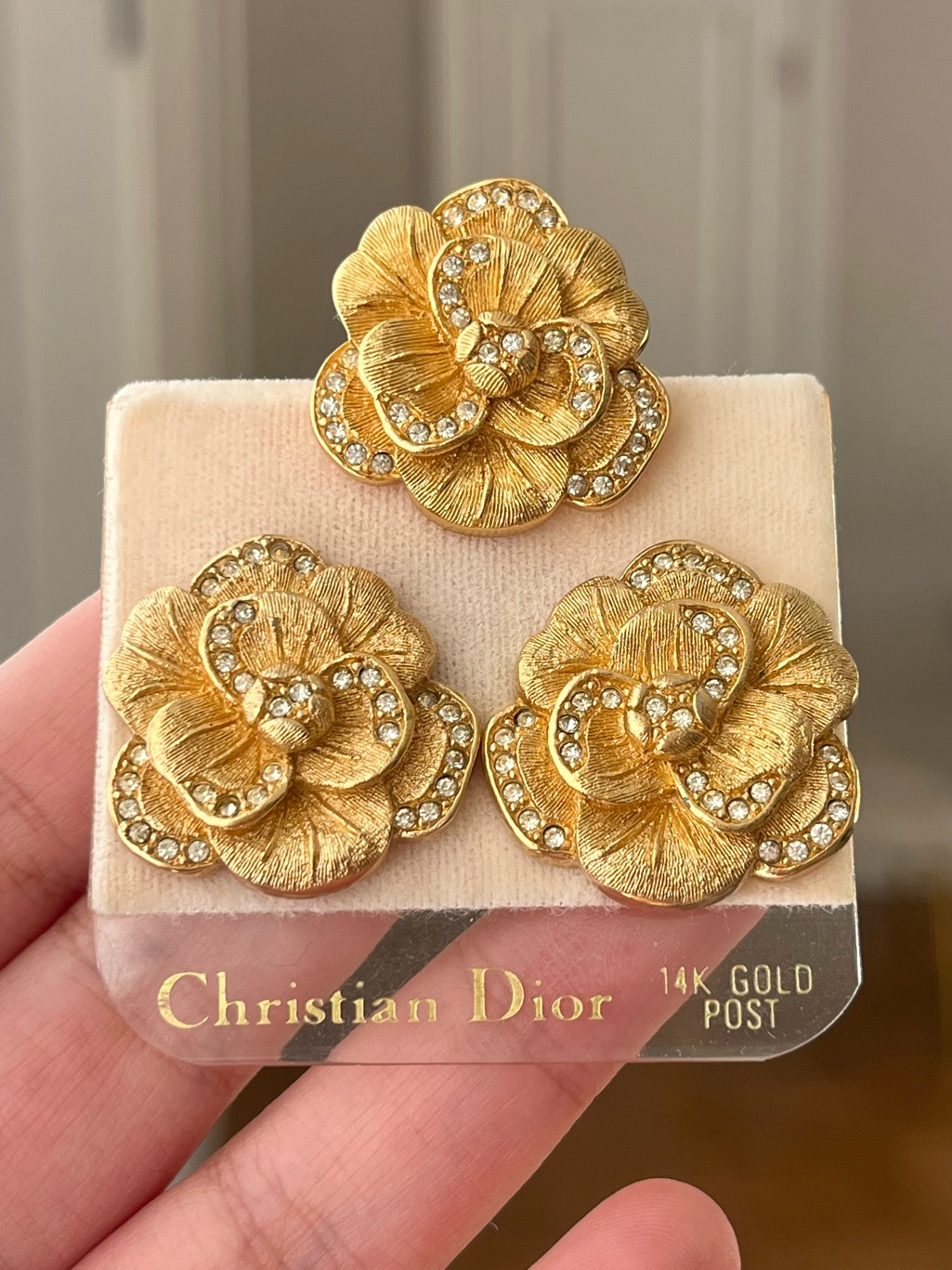 Authentic Vintage Dior Camellia Flower 14k Gold Post Earrings & Brooch Pin Set